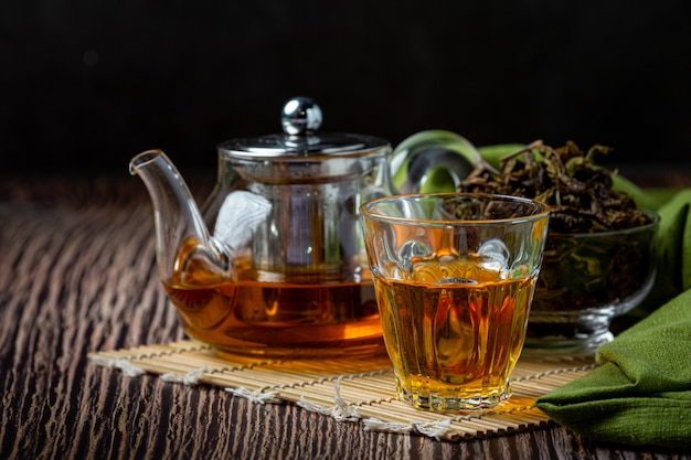 Oolong green tea in a teapot and bowl.