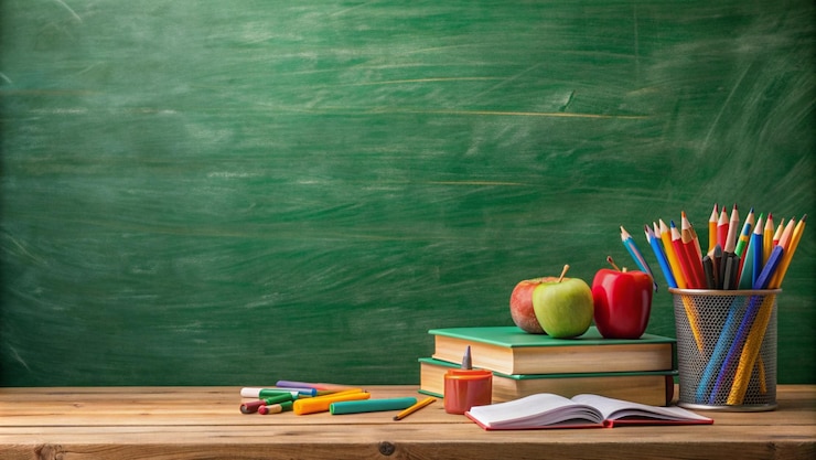 मुफ़्त फोटो open book and supplies on wooden desk with green chalkboard background