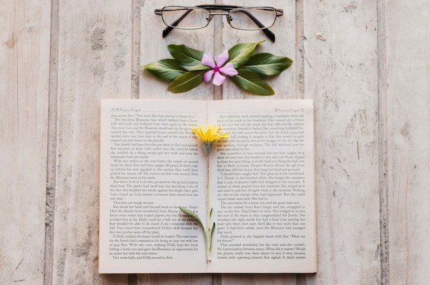 Open book with flower inside and glasses