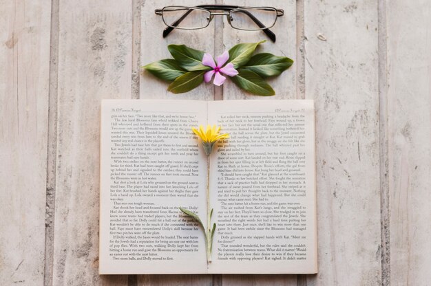Open book with flower inside and glasses