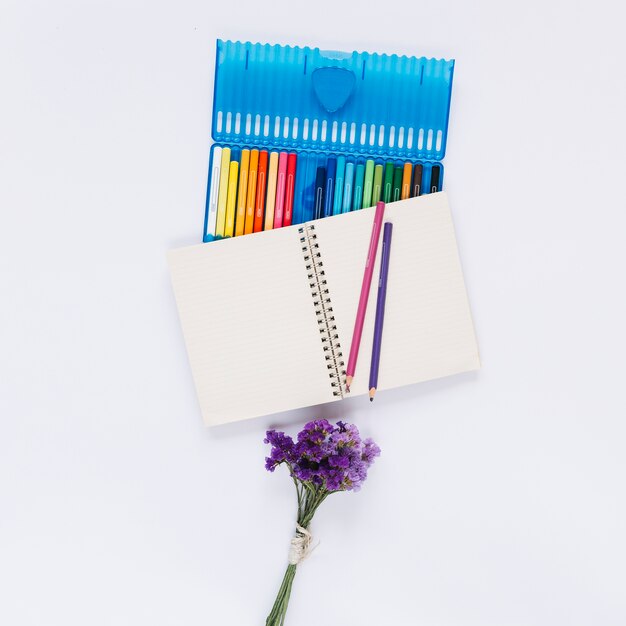 An open box of colored pencils with single line notebook and lavender flowers on white background