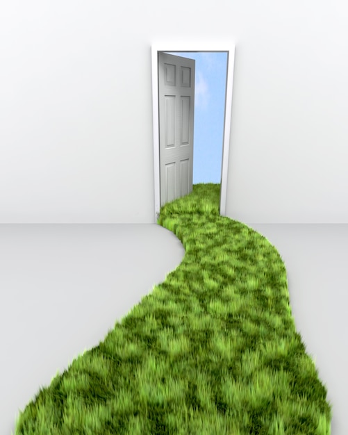 Foto gratuita 3d rendering di erba percorso che porta a porta per le nuvole