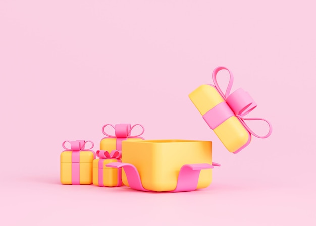 Открытая подарочная коробка, настоящая распродажа, отличная скидка, розовый фон, 3D иллюстрация