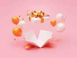 Бесплатное фото Открытая подарочная коробка с воздушным шаром и конфетти, праздник-сюрприз, приветствие, 3d-рендеринг, иллюстрация