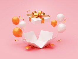 Scatola regalo aperta presente con palloncino e coriandoli festa sorpresa celebrazione saluto illustrazione rendering 3d