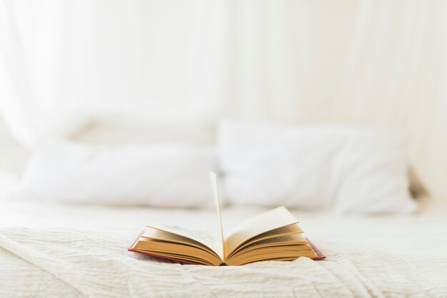 Открыть книгу в твердом переплете на кровати у себя дома