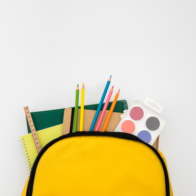 Open knapsack with school accessories