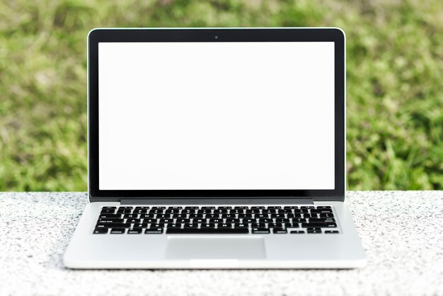 Открытый ноутбук с пустым белым экраном на скамейке на зеленом фоне