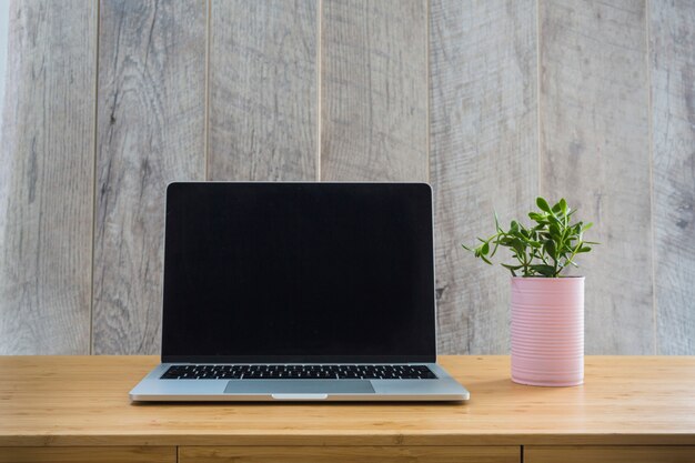 An open laptop with small pot plant on wooden desk