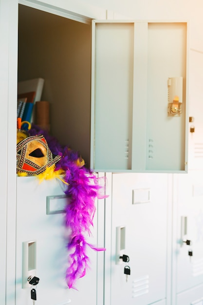 Открытый шкафчик с элегантным карнавальным реквизитом
