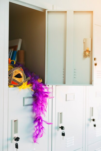 Открытый шкафчик с элегантным карнавальным реквизитом
