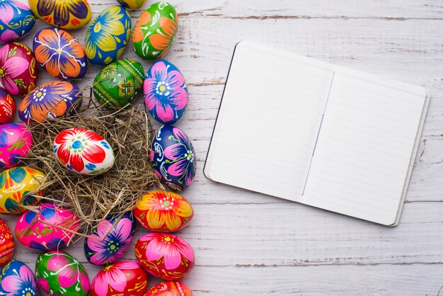 Open notebook next to easter eggs