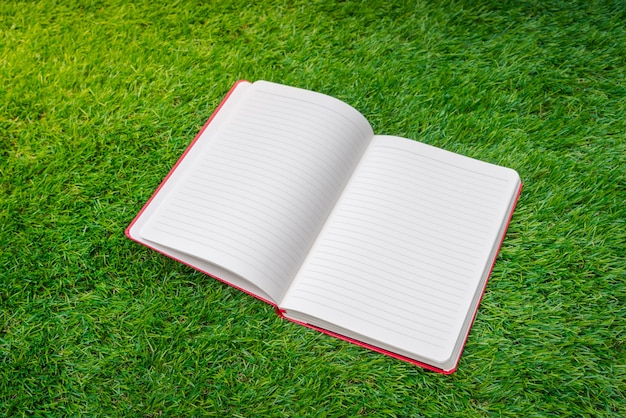 芝生の上でオープンノートブック