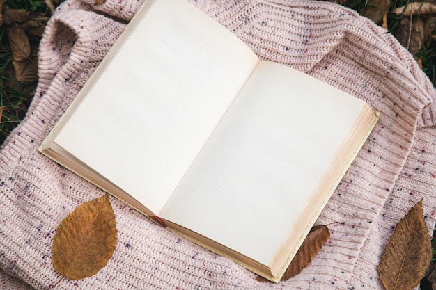 An open old book among dry leaves in the autumn forest