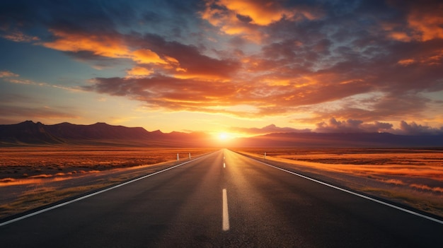 Open road stretches towards dramatic sunset