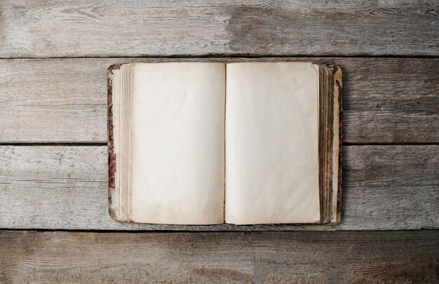 Opened retro empty book on wooden floor