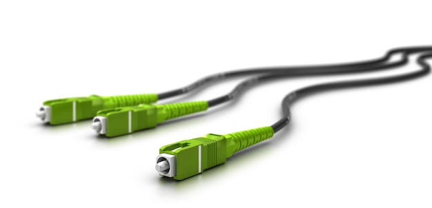 흰색 배경, 3d 그림 위에 커넥터가 있는 광섬유 케이블