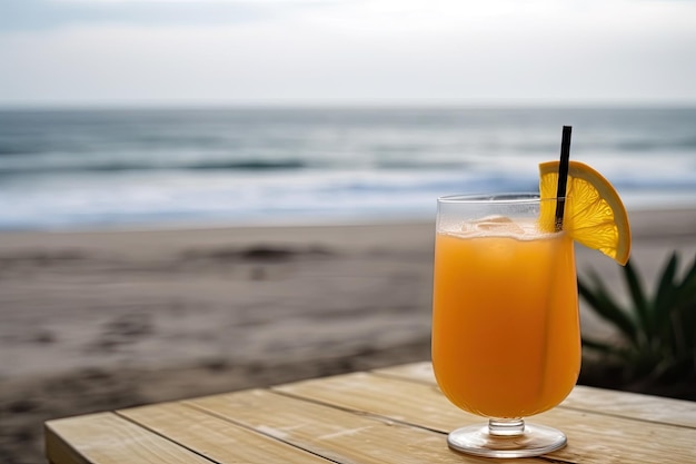 Апельсиновый коктейль на деревянном столе и райский пляж с морем на заднем плане