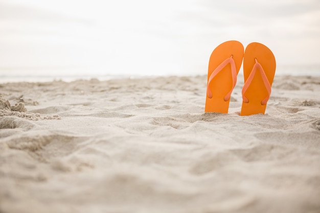 Free photo orange flip flop in sand