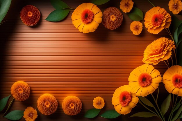 Orange flowers on a brown background with green leaves