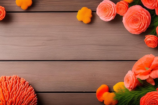 木製のテーブルにオレンジ色の花