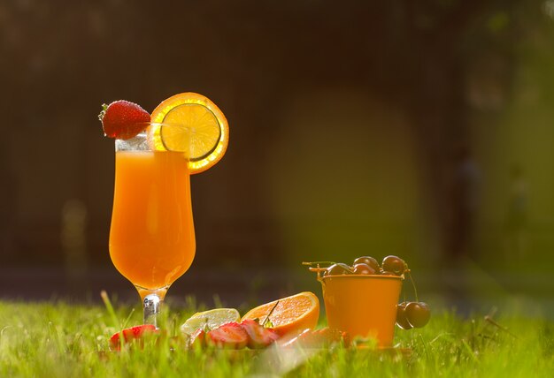 Апельсиновый сок с цитрусовыми, клубника, вишня в бокале на фоне луг, вид сбоку.