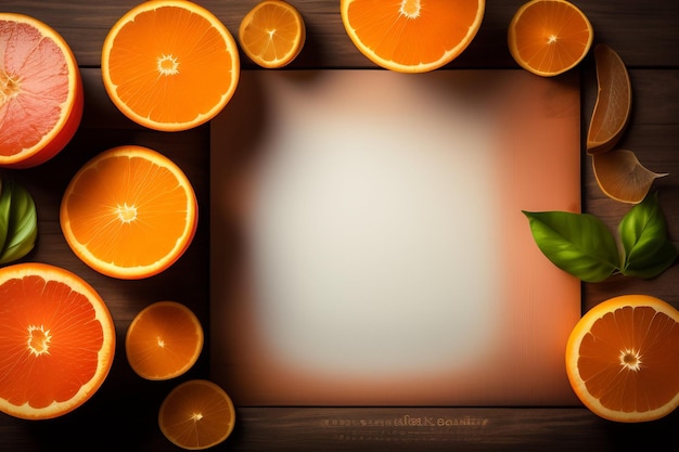 Oranges and green leaves on a brown background