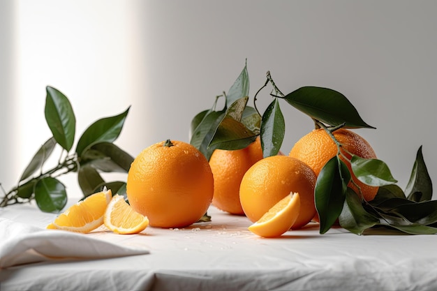 Oranges on a table with leaves and oranges