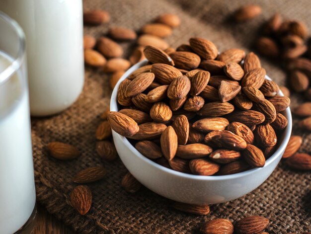 Organic almond milk and almonds