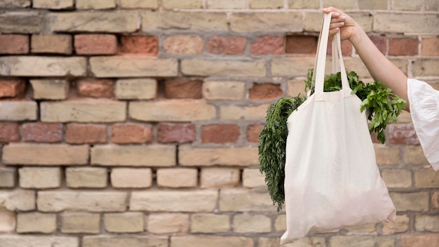 Foto gratuita borsa organica con parley e aneto copia spazio