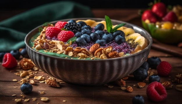 Organic berry bowl blueberry raspberry granola almond generated by AI