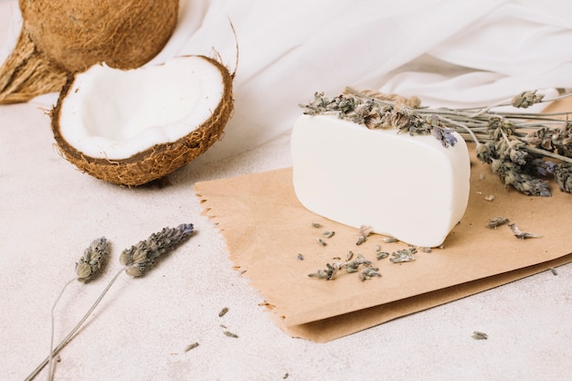 Organic coconut oil soap bar with coconut nut