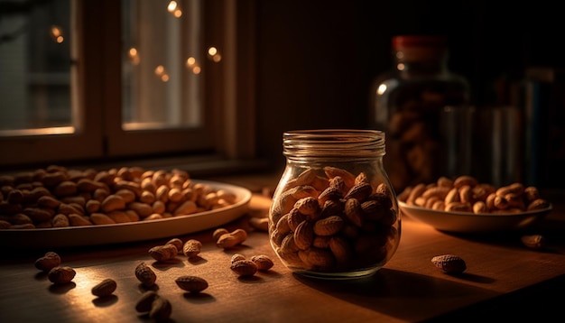 Organic coffee bean snack on rustic wooden table generative AI