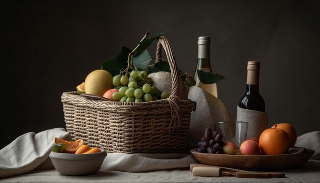 Корзина с органическими фруктами, бутылка вина, природа, щедрость, сгенерированная ИИ