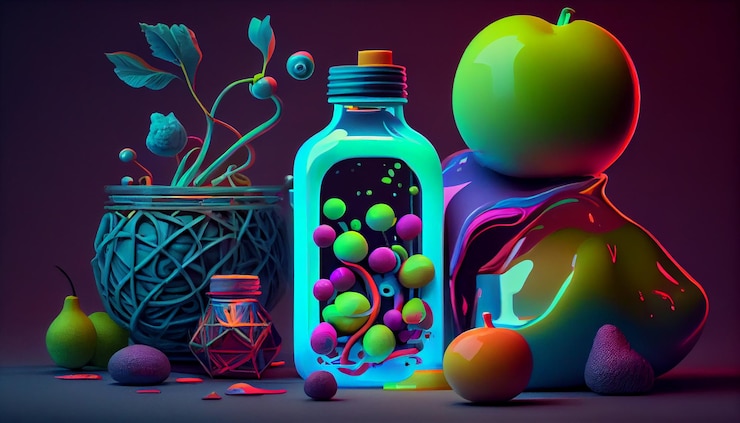 Free Photo organic fruit filled bottle with multi colored decoration generative ai