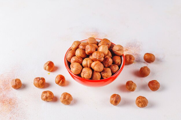 Organic hazelnuts in a bowl.