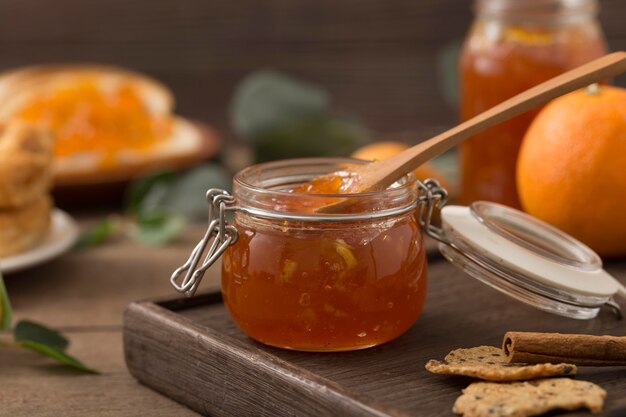 Organic homemade marmalade and spoon