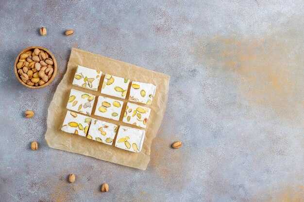 Organic homemade nougat made with honey, pistachio,top view