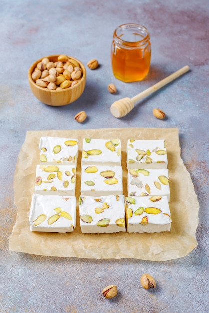 Organic homemade nougat made with honey, pistachio