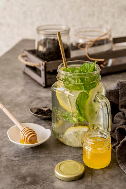 Organic ice tea with honey on desk