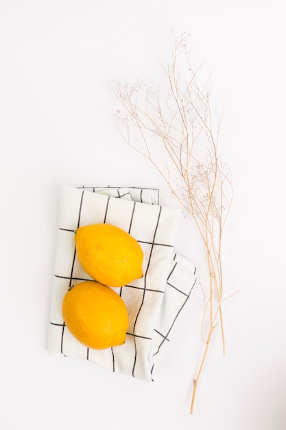 Organic lemon on napkin and twig over plain background