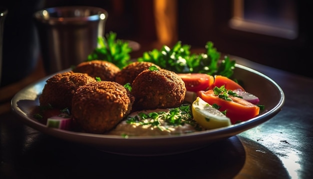 Polpette e falafel biologici su piatto rustico generato da ai