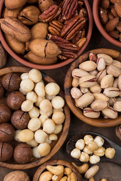 Organic nuts snack in various bowls