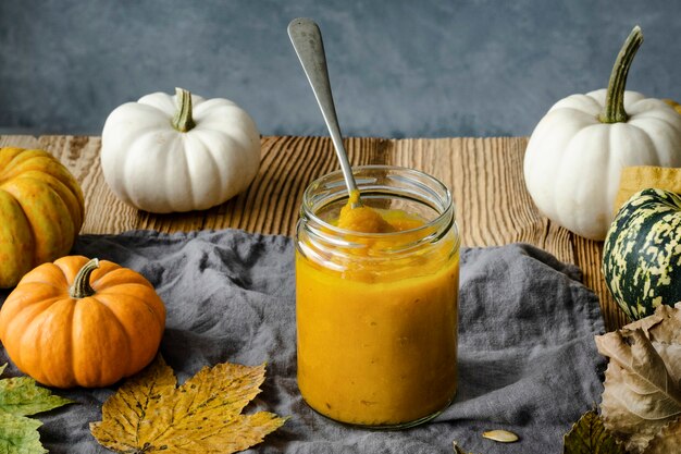 Organic pumpkin puree pie ingredient closeup