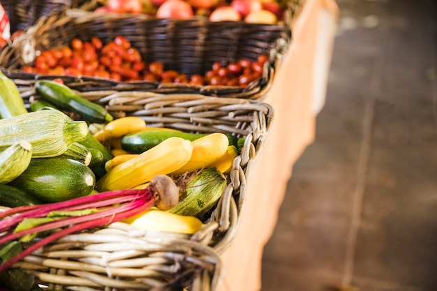 Organic tasty vegetable in wicker basket for sale