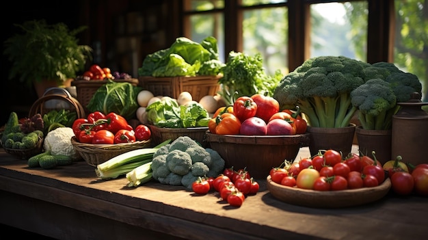 Organic vegetables and fruits displayed on a rustic wooden table