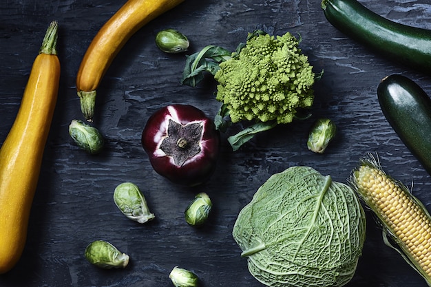 Organic vegetables on wooden table. Top view