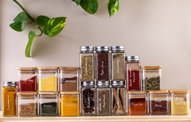 Organised and filled spice jars