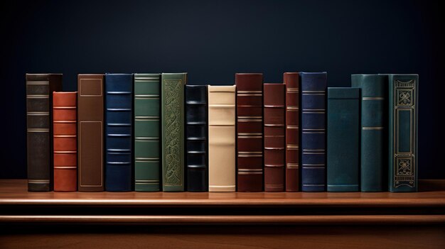 Organized pile of hardcover books labelfree on a wooden table with a blue background for educational themes