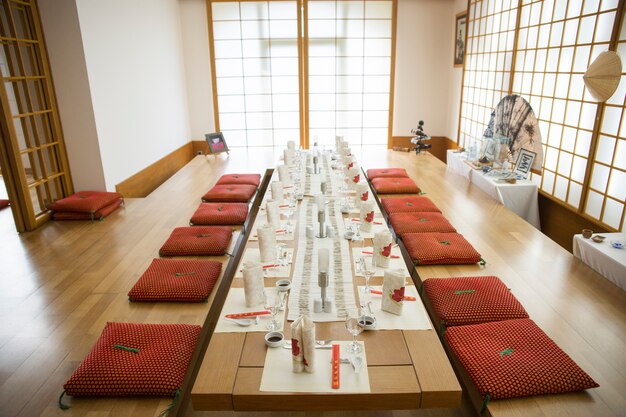 Organized table with cushions around